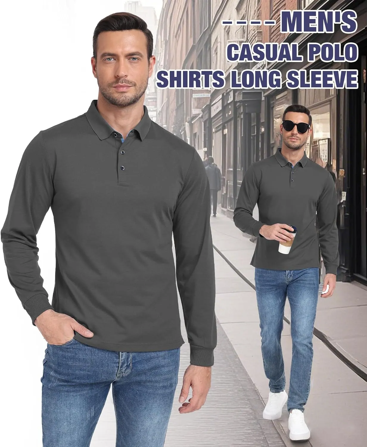 Polo Shirts for Men Long Sleeve Moisture Wicking Golf Polos Casual Travel Performance Collar Shirts