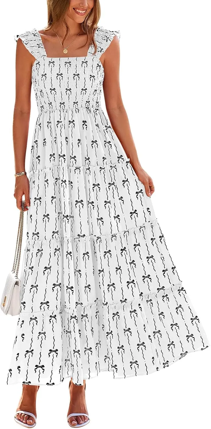 PRETTYGARDEN Women's 2025 Floral Maxi Sundress Smocked Tank Dress Sleeveless Ruffle Summer Tiered Long Dresses