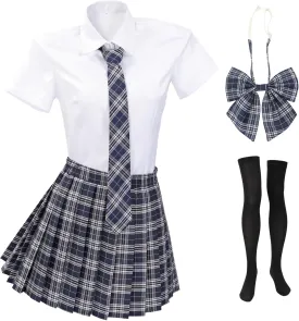 PROCOS US Size Costume Women Japanese Uniform Outfit with Plaid Bow Tie 5 PCS for Christmas