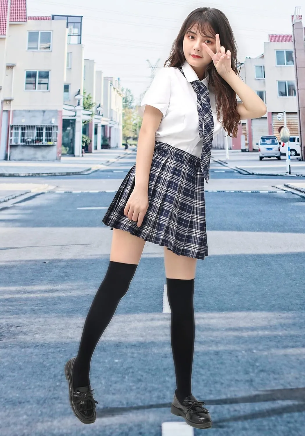 PROCOS US Size Costume Women Japanese Uniform Outfit with Plaid Bow Tie 5 PCS for Christmas