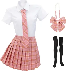 PROCOS US Size Costume Women Japanese Uniform Outfit with Plaid Bow Tie 5 PCS for Christmas
