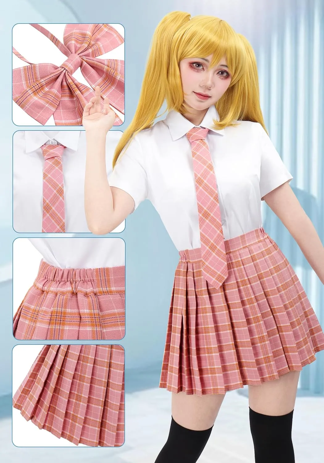 PROCOS US Size Costume Women Japanese Uniform Outfit with Plaid Bow Tie 5 PCS for Christmas