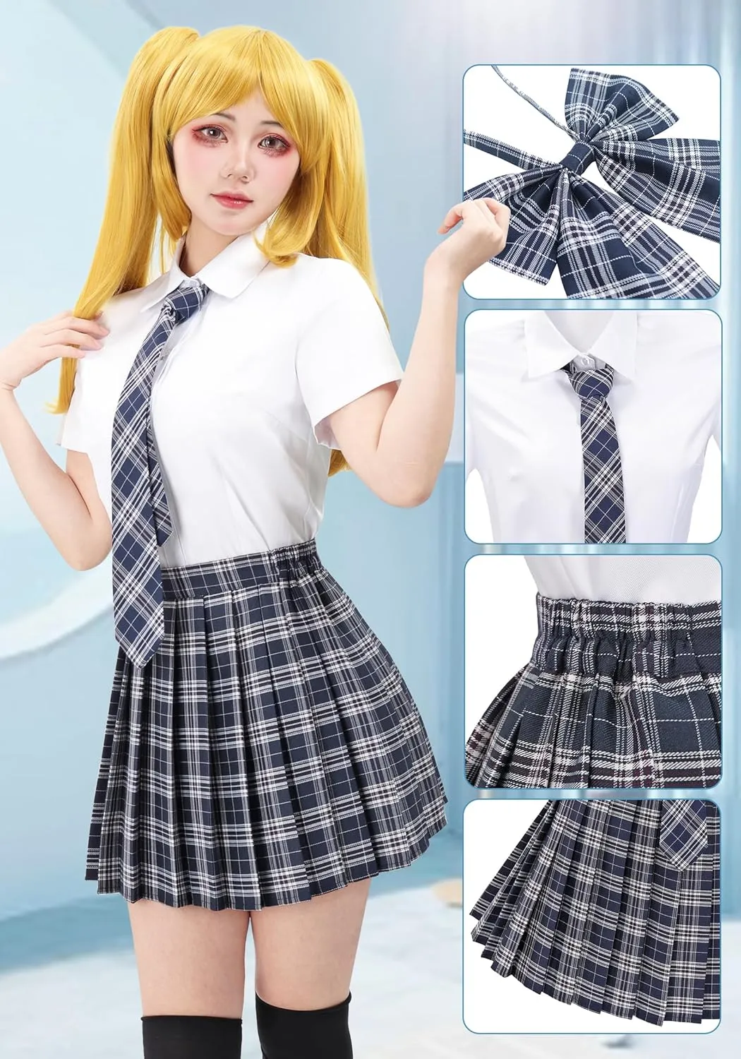 PROCOS US Size Costume Women Japanese Uniform Outfit with Plaid Bow Tie 5 PCS for Christmas