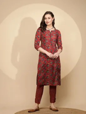 Red Cotton Regular Fit Kurta Set For Women