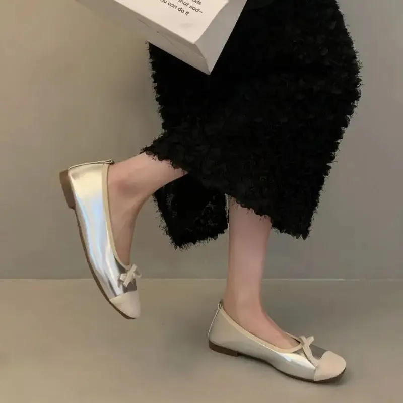Retro Square Toe Bow Flat Shoes