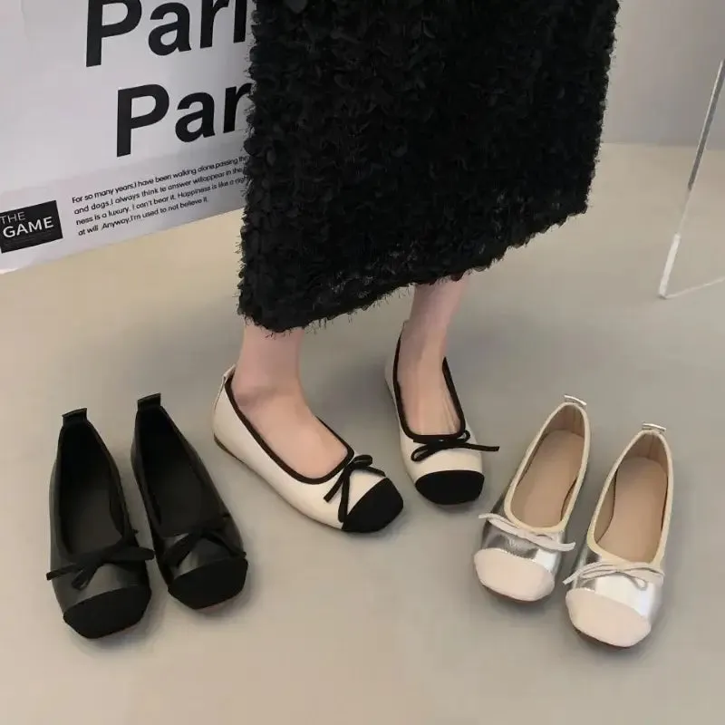 Retro Square Toe Bow Flat Shoes