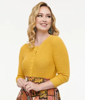 Retro Style Honey Yellow Cotton Crochet Sleeved Button Cardigan