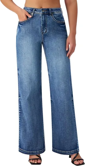 roswear Women's Wide Leg Jeans High Waisted Stretchy Denim Trouser Pants