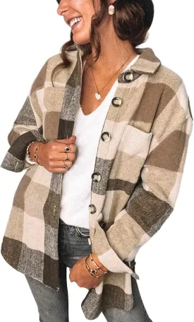 SHEWIN Womens Long Sleeve Plaid Shirts Flannel Lapel Button Down Shacket Jacket Coats