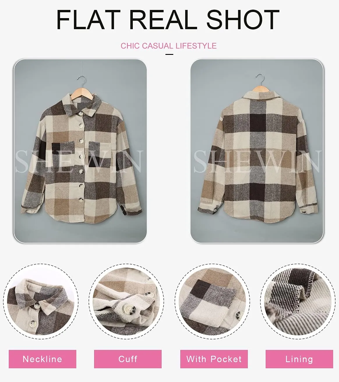 SHEWIN Womens Long Sleeve Plaid Shirts Flannel Lapel Button Down Shacket Jacket Coats