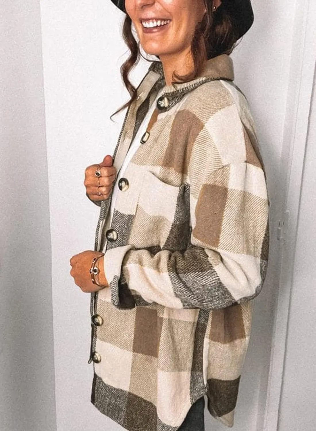 SHEWIN Womens Long Sleeve Plaid Shirts Flannel Lapel Button Down Shacket Jacket Coats