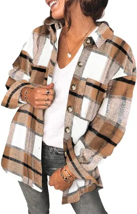 SHEWIN Womens Long Sleeve Plaid Shirts Flannel Lapel Button Down Shacket Jacket Coats