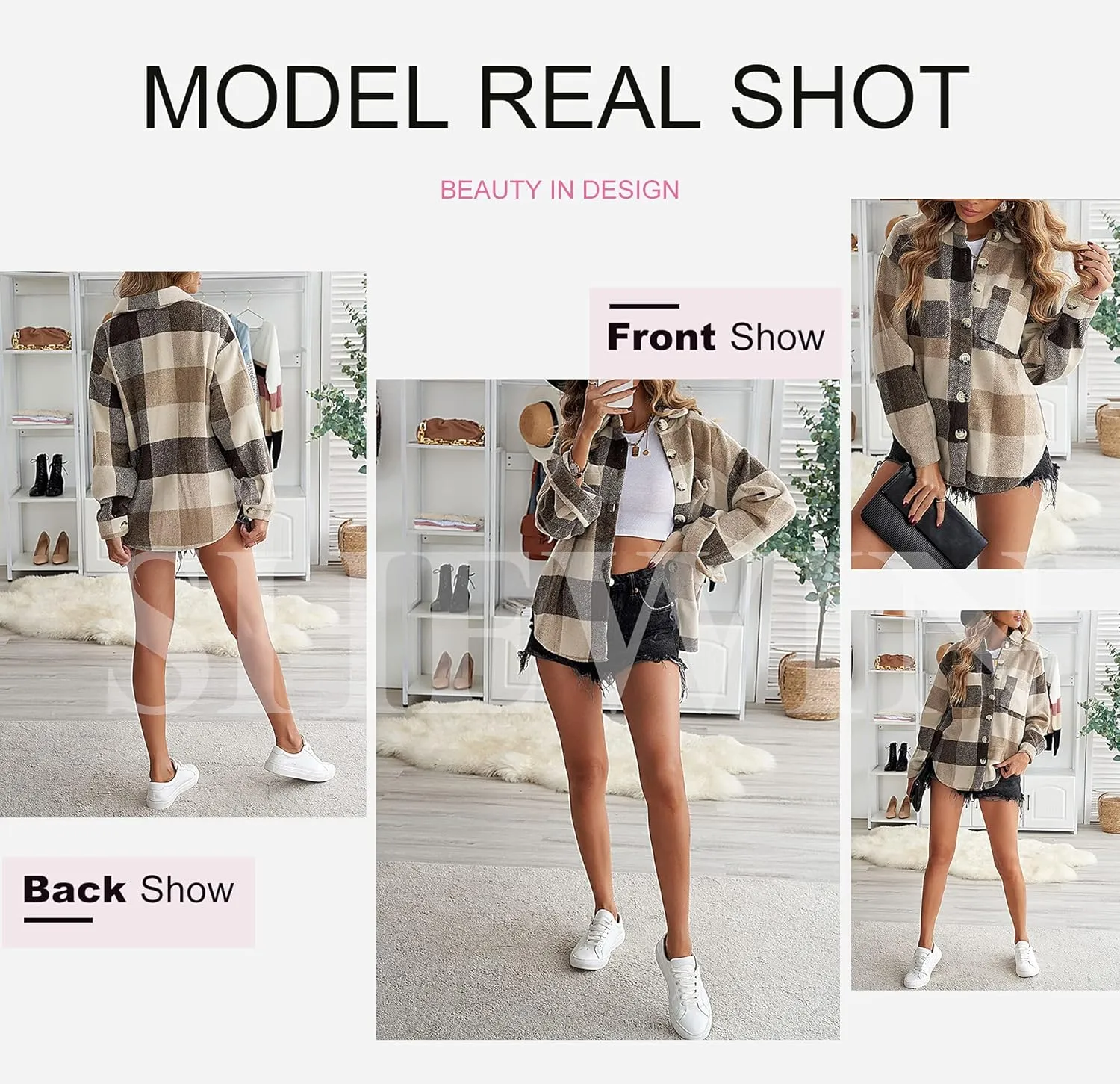 SHEWIN Womens Long Sleeve Plaid Shirts Flannel Lapel Button Down Shacket Jacket Coats