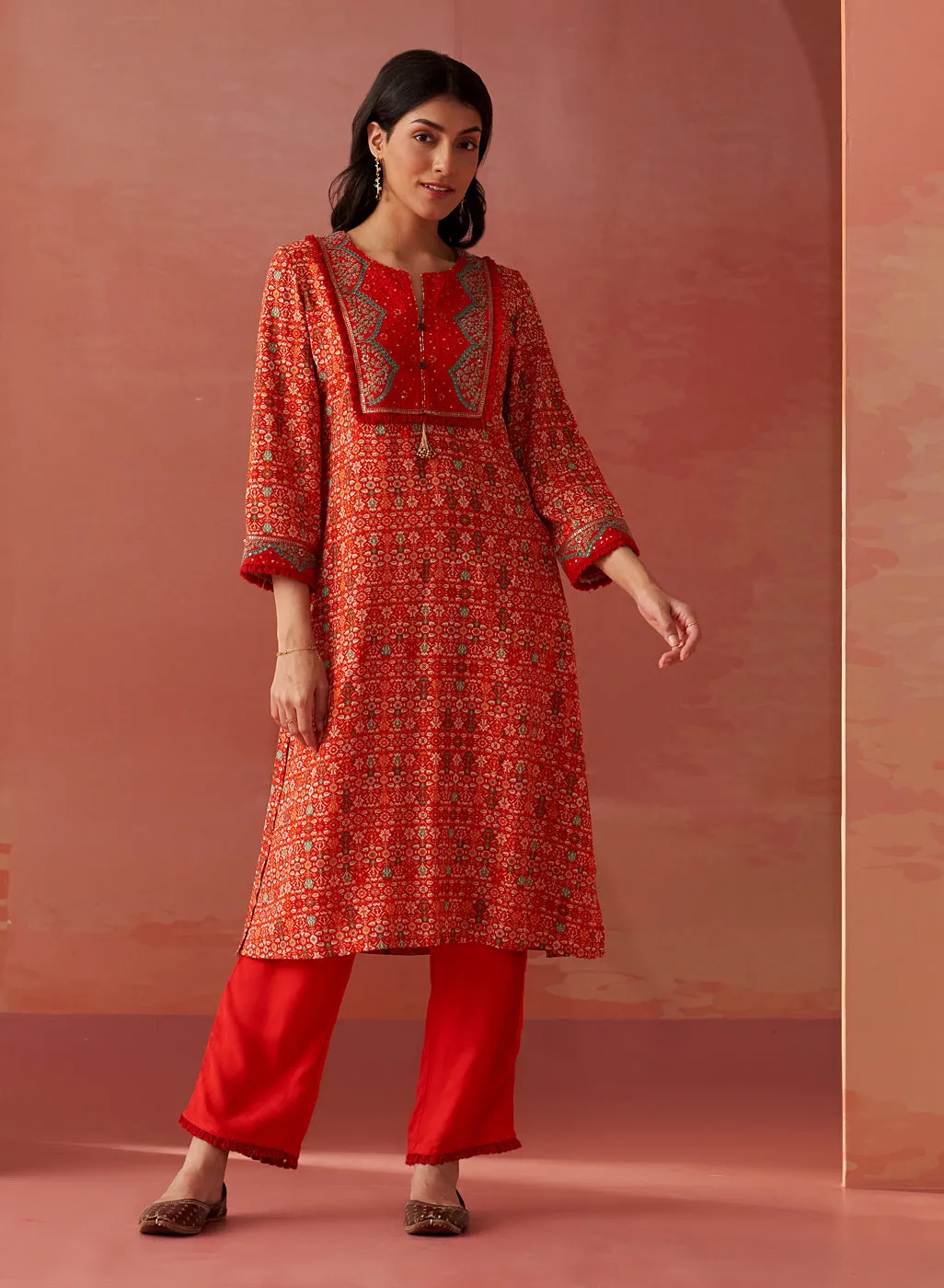 Sofia Bright Red Printed Rayon Co-ord Set for Women