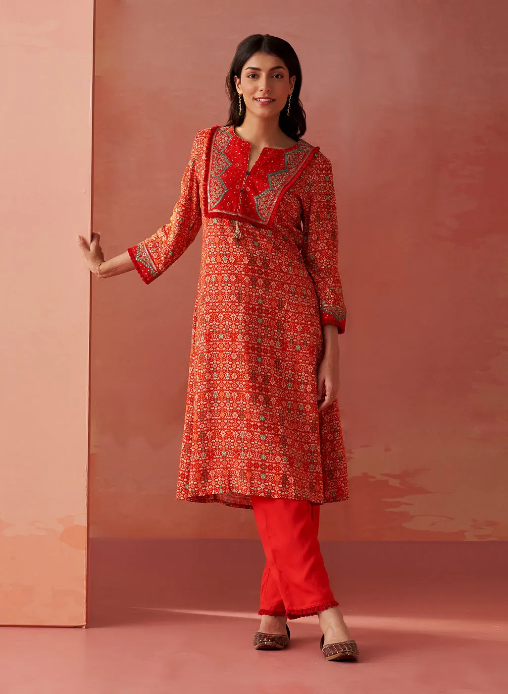 Sofia Bright Red Printed Rayon Co-ord Set for Women