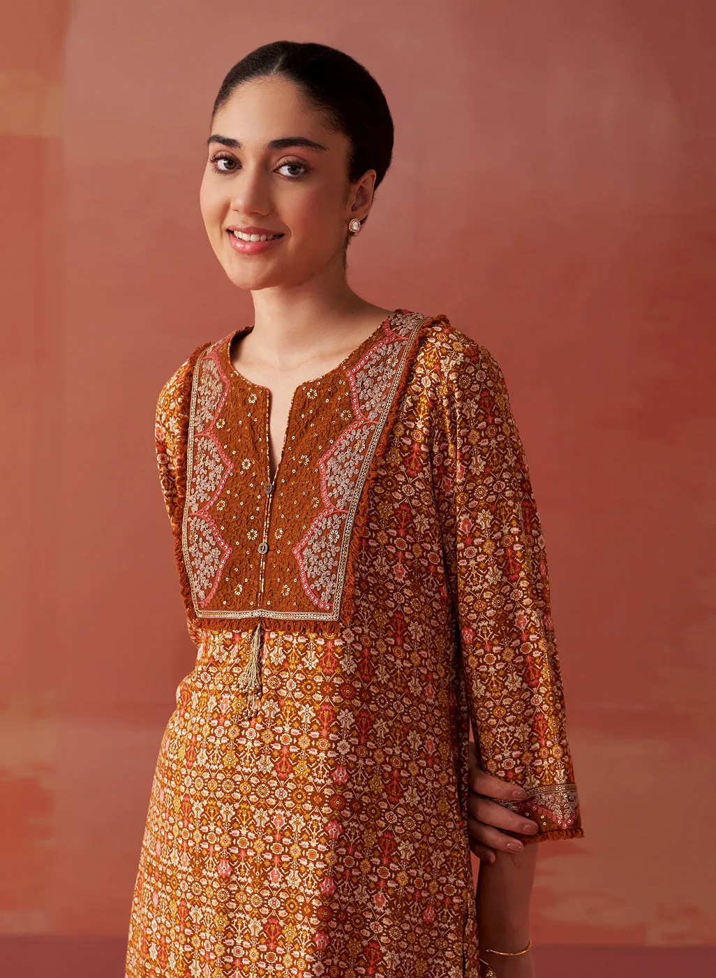 Sofia Ochre Printed Rayon Co-ord Set for Women