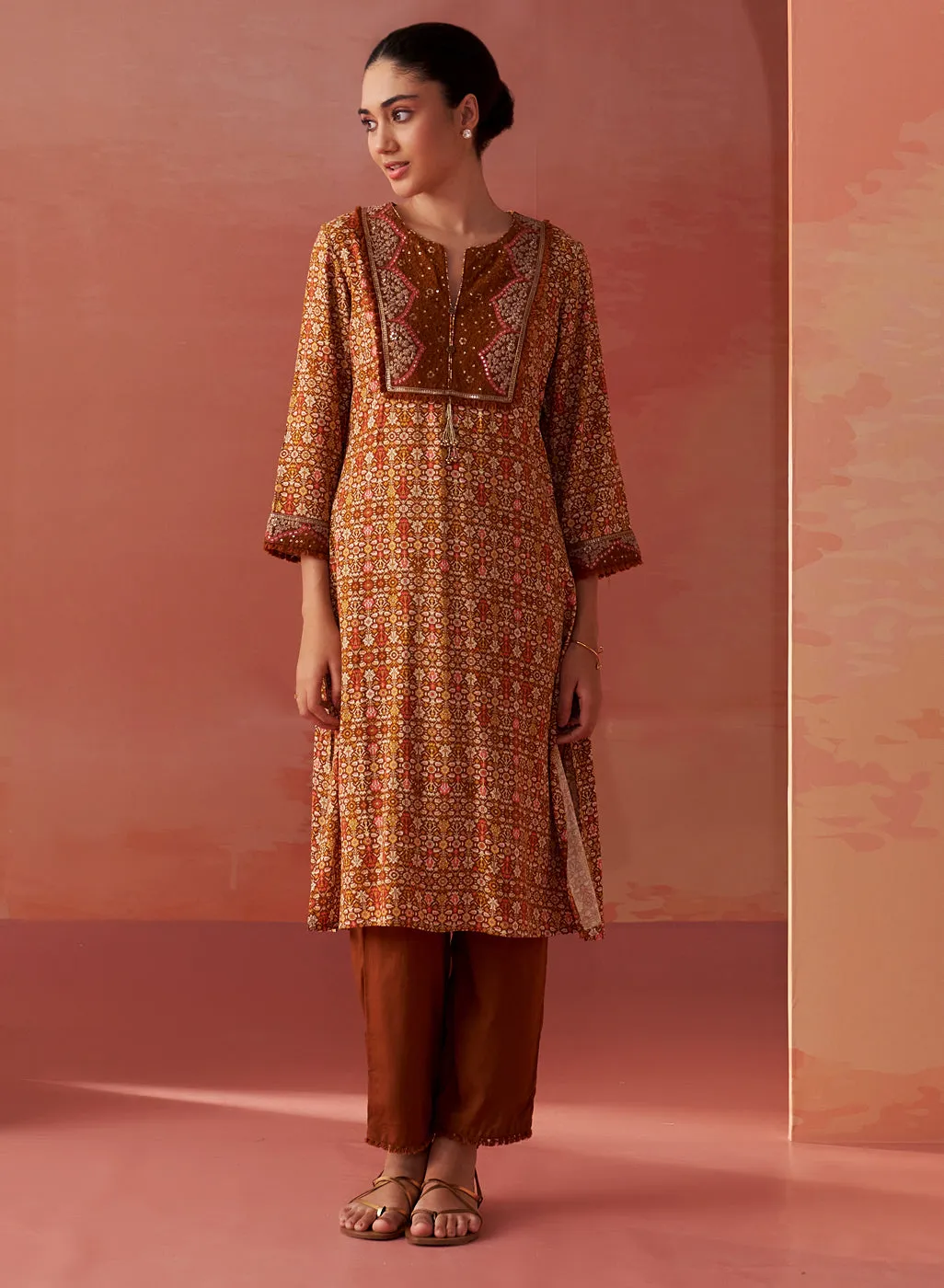 Sofia Ochre Printed Rayon Co-ord Set for Women