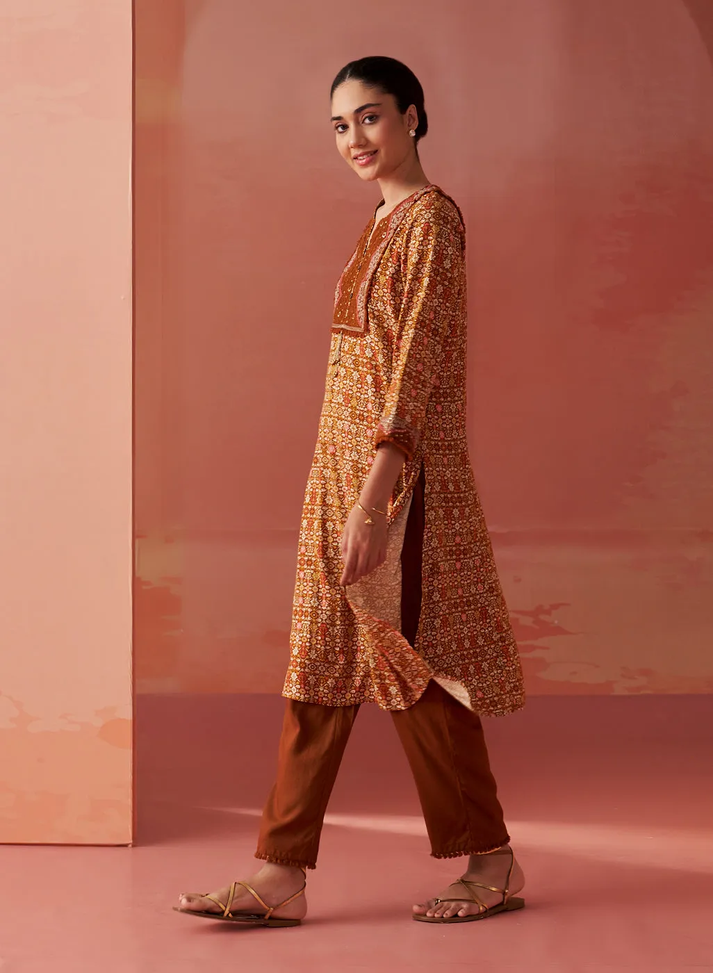 Sofia Ochre Printed Rayon Co-ord Set for Women