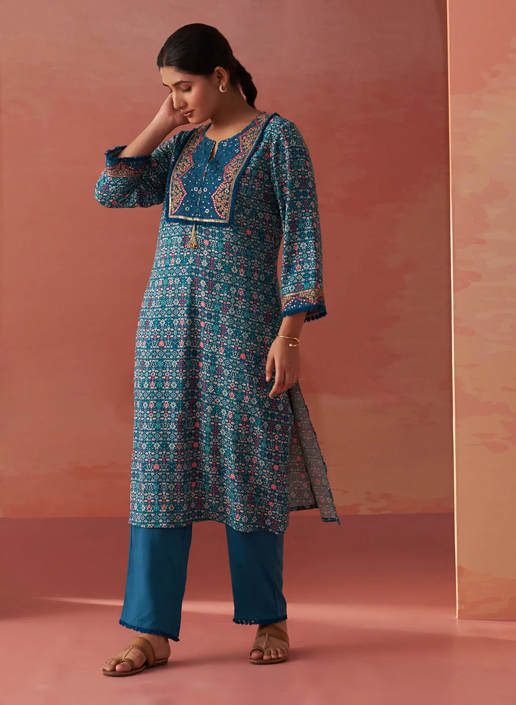 Sofia Teal Blue Printed Rayon Co-ord Set for Women