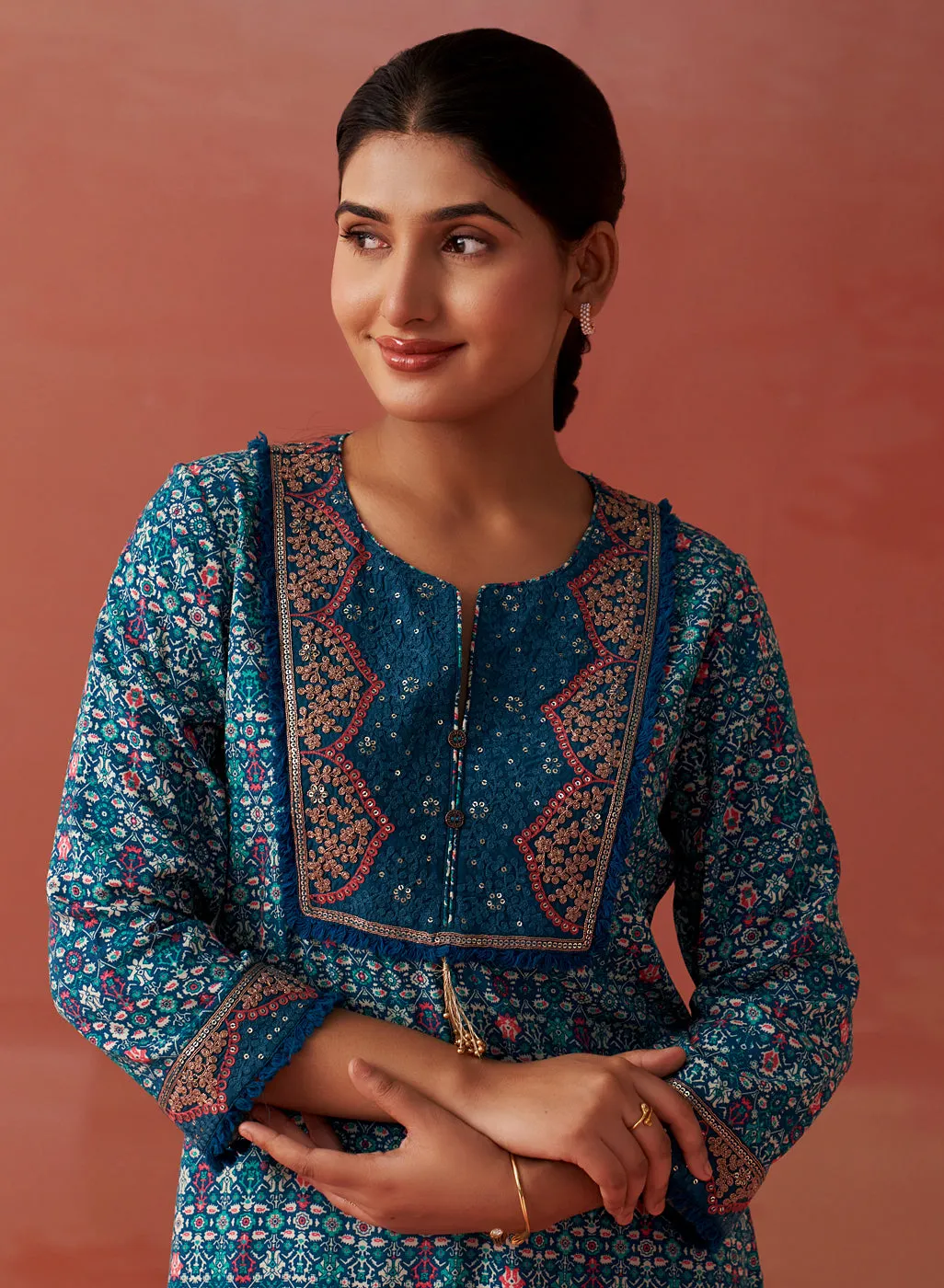 Sofia Teal Blue Printed Rayon Co-ord Set for Women