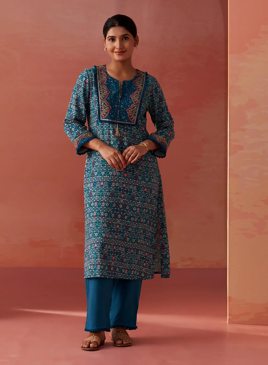 Sofia Teal Blue Printed Rayon Co-ord Set for Women