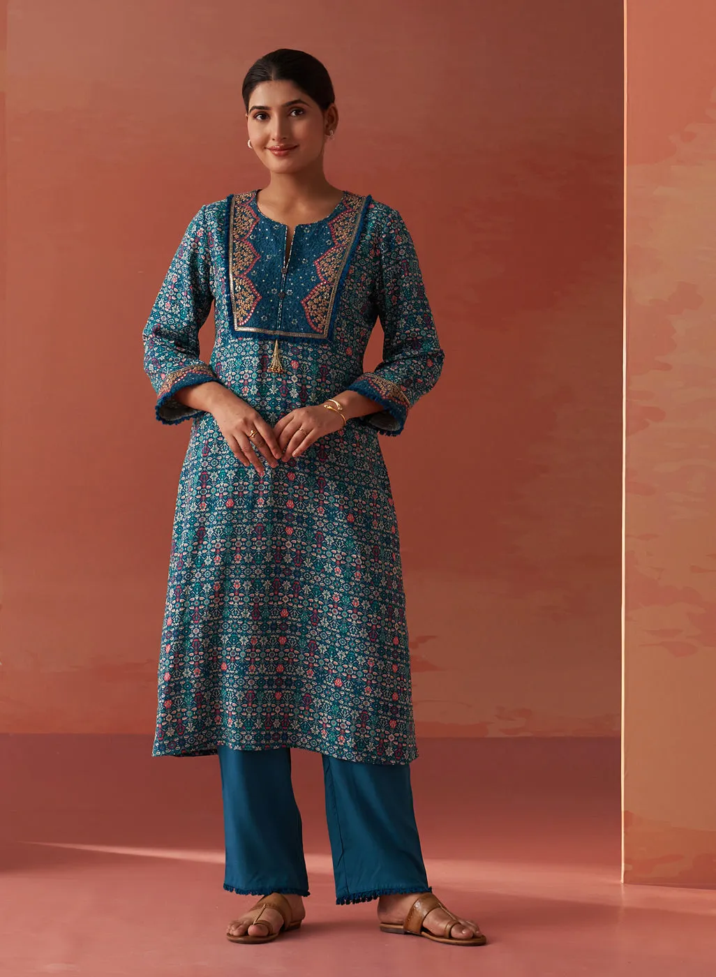 Sofia Teal Blue Printed Rayon Co-ord Set for Women
