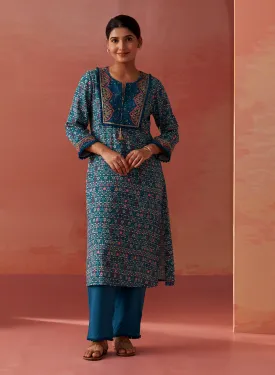 Sofia Teal Blue Printed Rayon Co-ord Set for Women