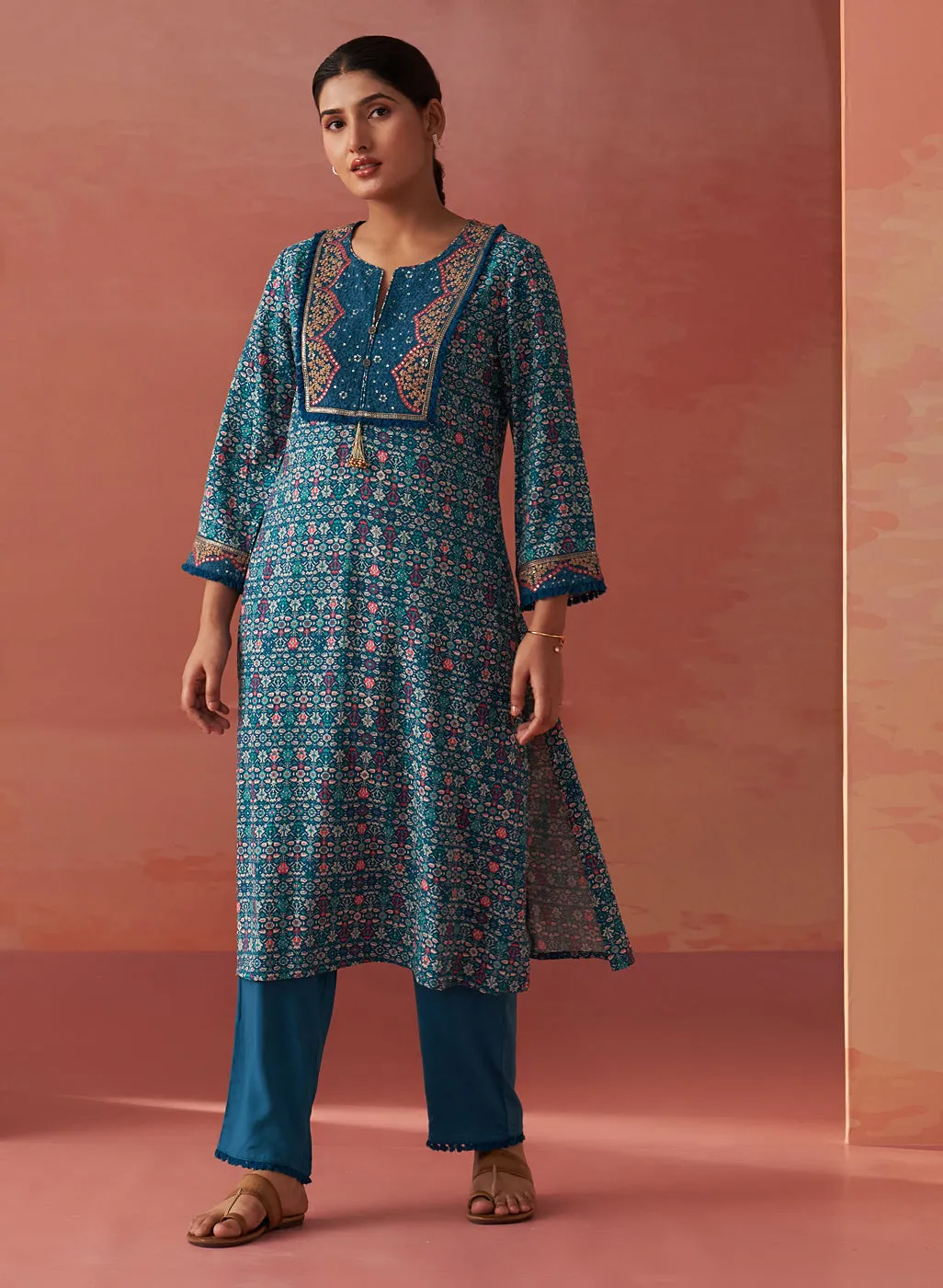 Sofia Teal Blue Printed Rayon Co-ord Set for Women