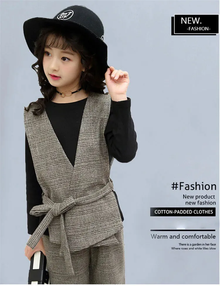 Teenage Girls Clothing Set 12 13 14 Years 2024 Fall Plaid Vest T-shirts Pants 3pcs Suit for Girls Clothes