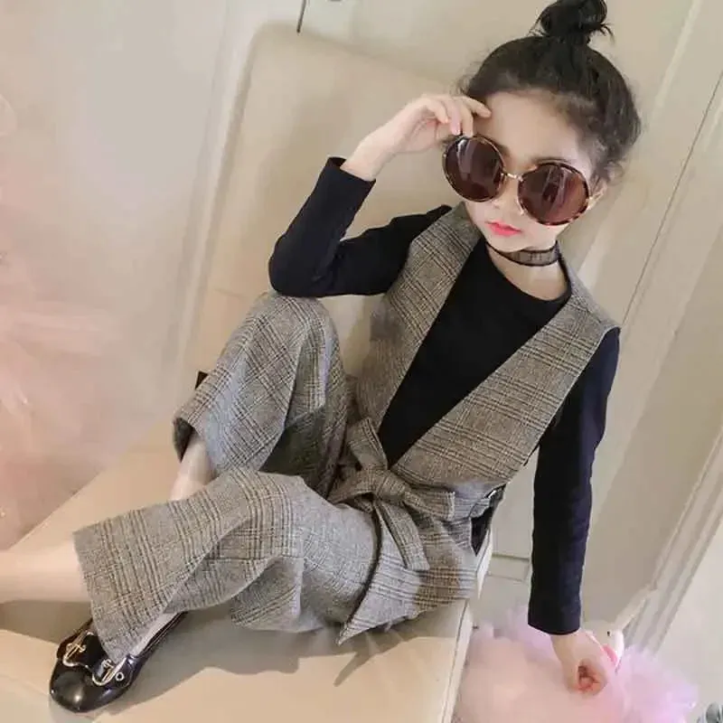 Teenage Girls Clothing Set 12 13 14 Years 2024 Fall Plaid Vest T-shirts Pants 3pcs Suit for Girls Clothes