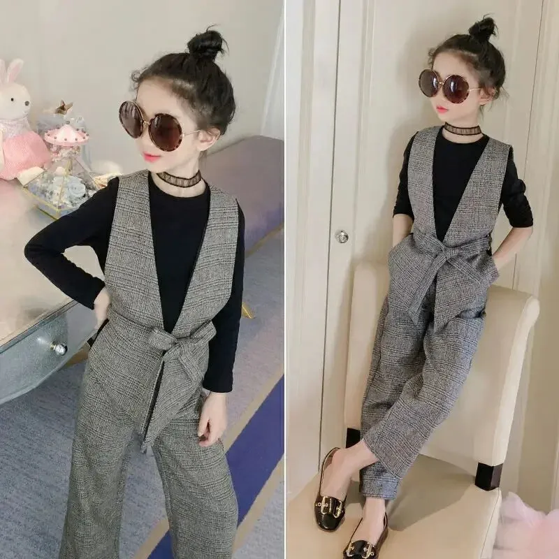 Teenage Girls Clothing Set 12 13 14 Years 2024 Fall Plaid Vest T-shirts Pants 3pcs Suit for Girls Clothes