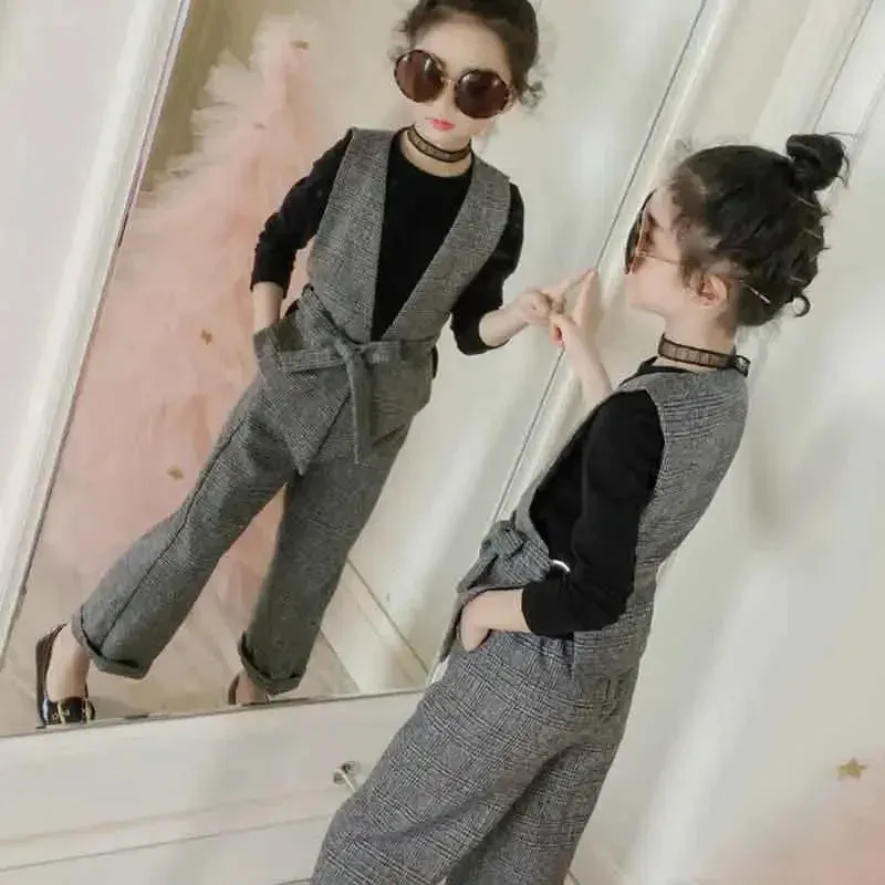 Teenage Girls Clothing Set 12 13 14 Years 2024 Fall Plaid Vest T-shirts Pants 3pcs Suit for Girls Clothes
