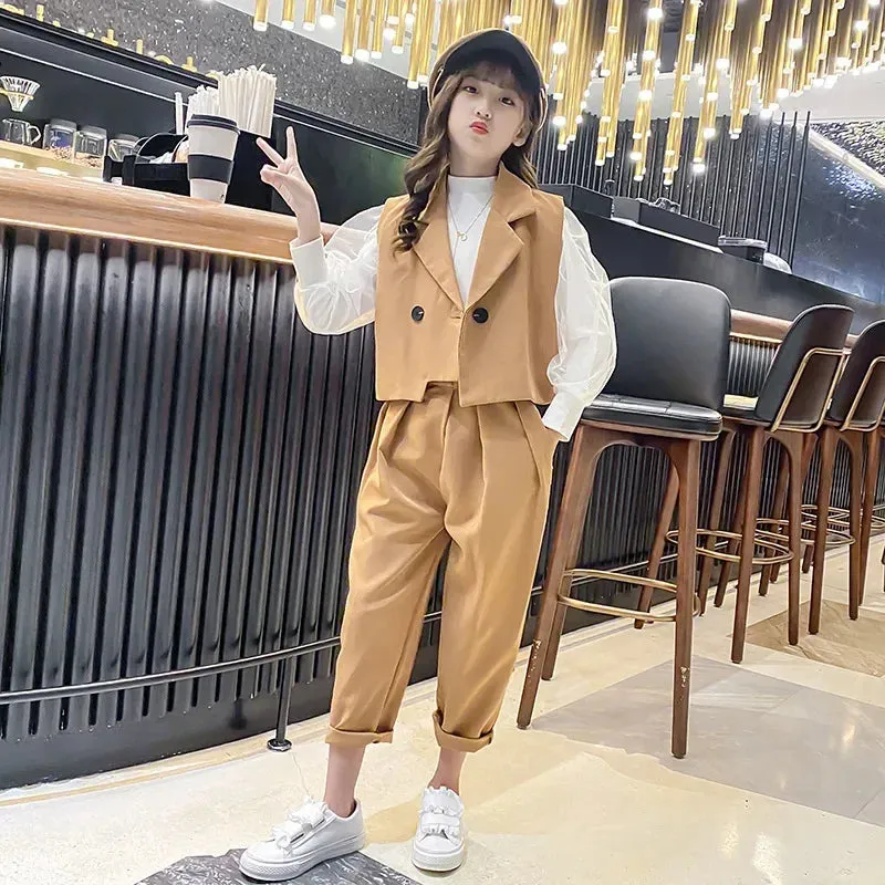 Teenage Girls Clothing Set 12 13 14 Years 2024 Fall Plaid Vest T-shirts Pants 3pcs Suit for Girls Clothes