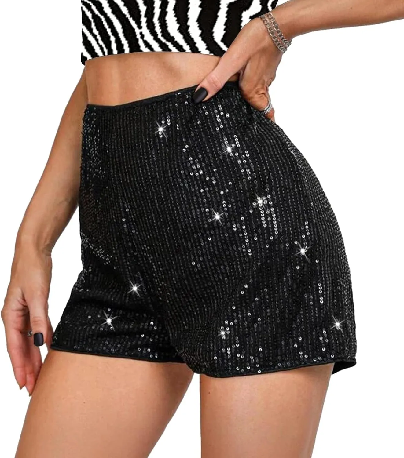 TRCKPOL High Waisted Sequin Shorts for Women Elastic Straight Leg Sparkly Glitter Party Shorts