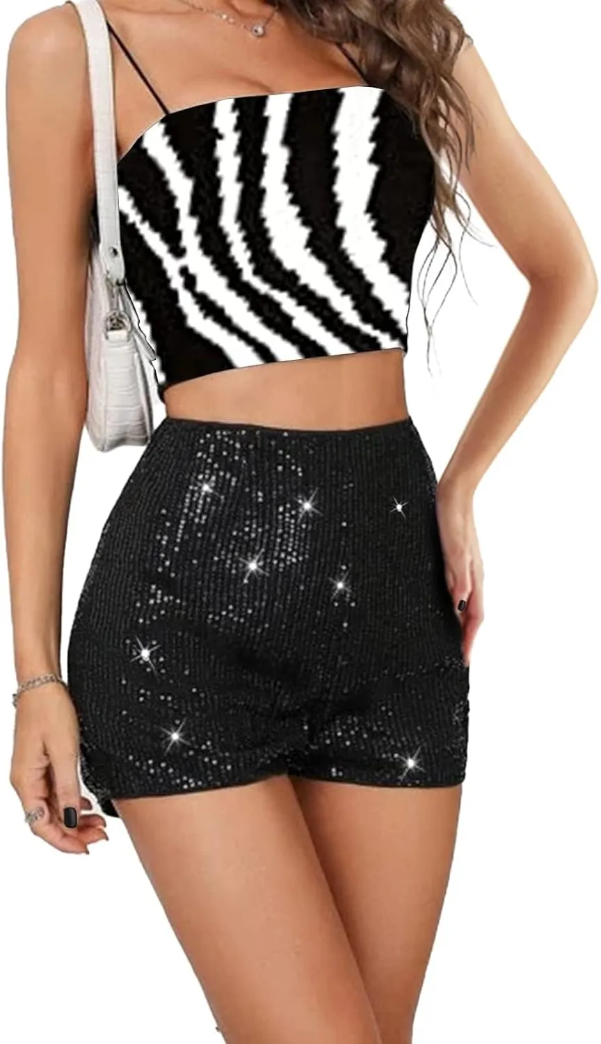 TRCKPOL High Waisted Sequin Shorts for Women Elastic Straight Leg Sparkly Glitter Party Shorts