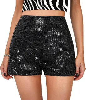 TRCKPOL High Waisted Sequin Shorts for Women Elastic Straight Leg Sparkly Glitter Party Shorts