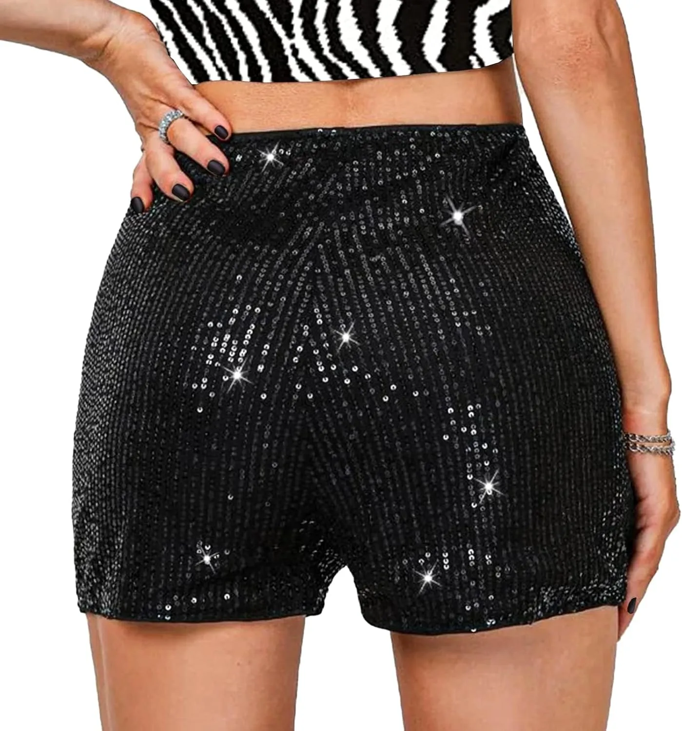 TRCKPOL High Waisted Sequin Shorts for Women Elastic Straight Leg Sparkly Glitter Party Shorts