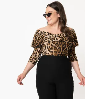 Unique Vintage Plus Size Leopard Off Shoulder Ruffle Bisou Top