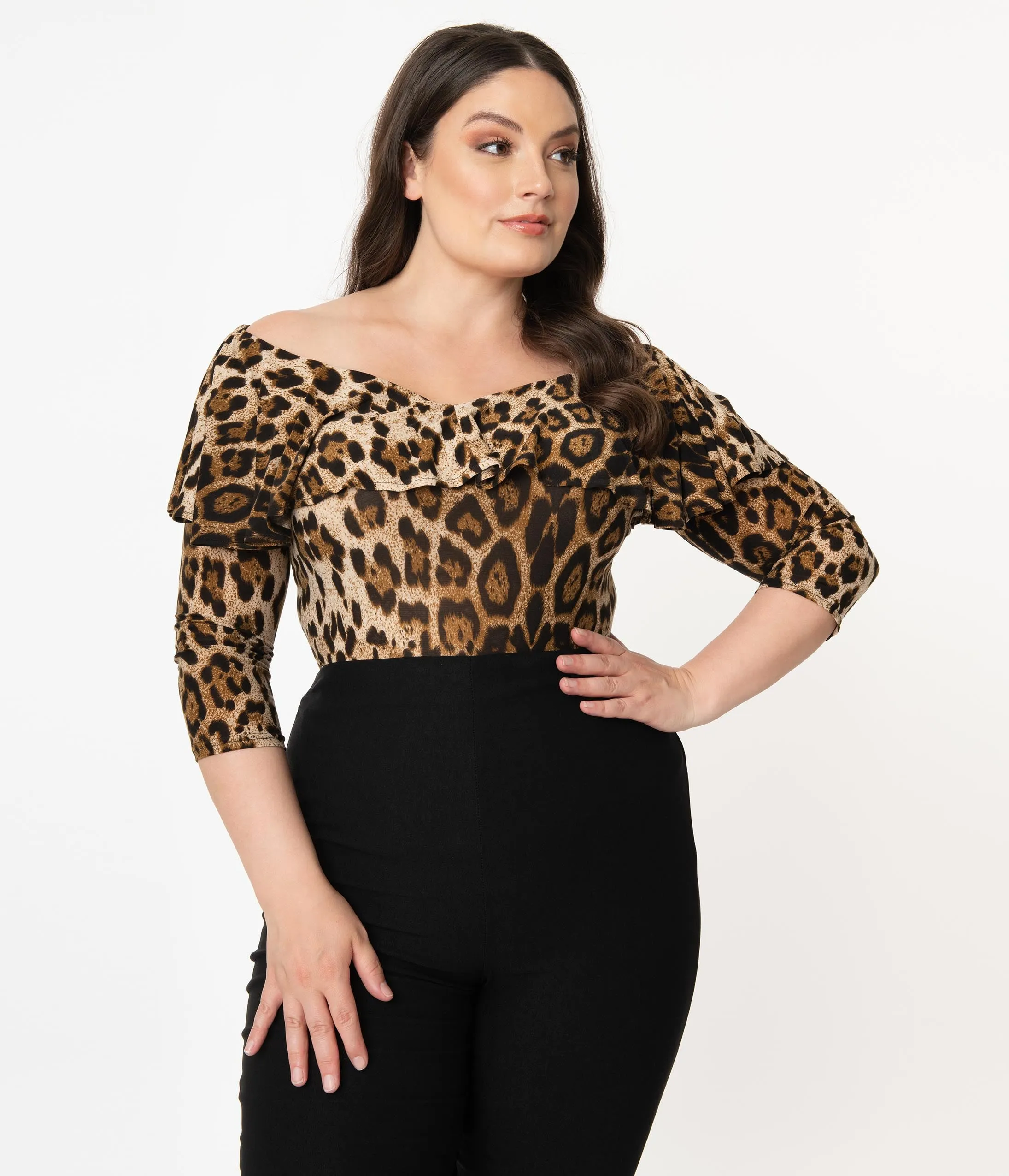 Unique Vintage Plus Size Leopard Off Shoulder Ruffle Bisou Top