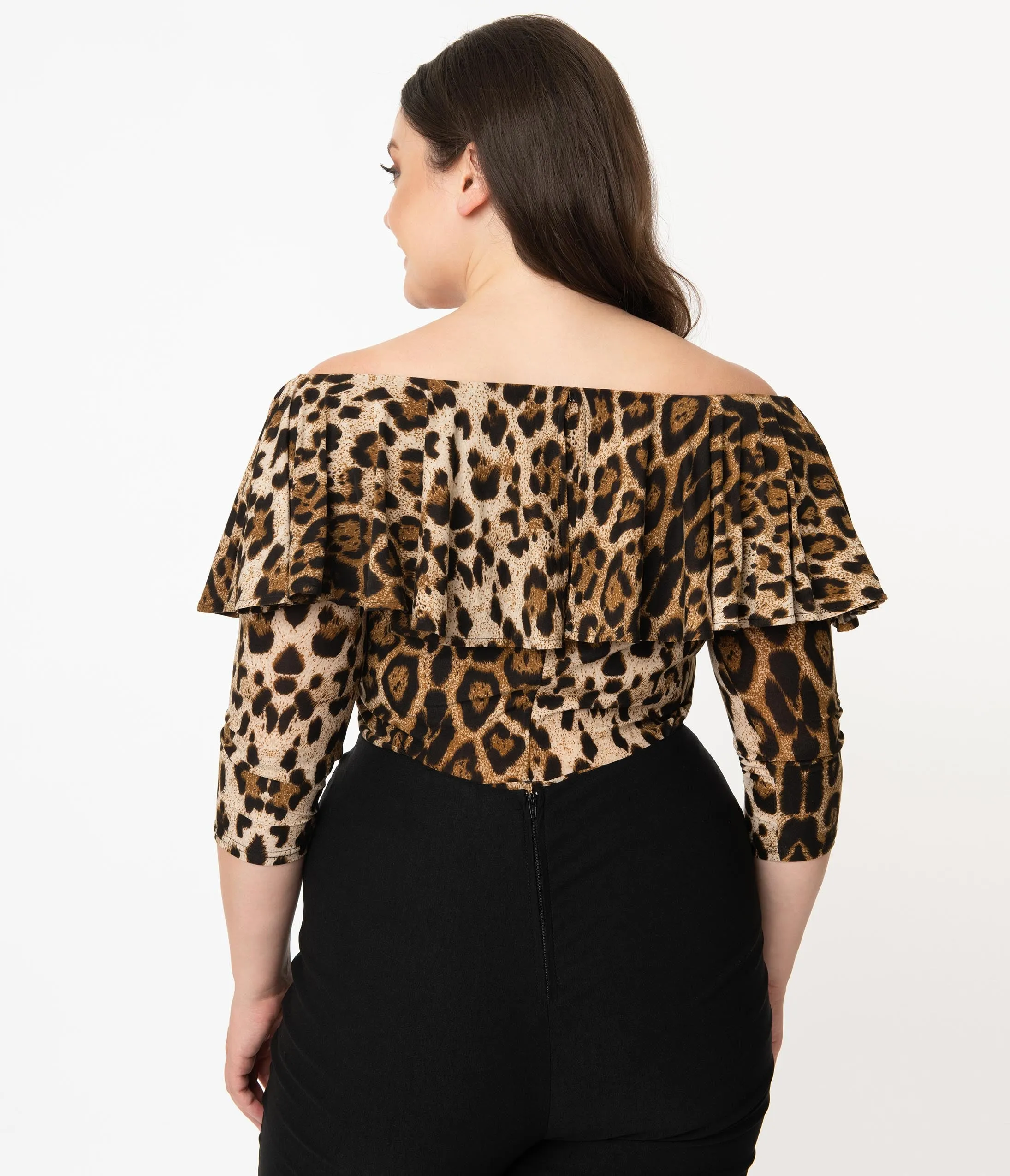 Unique Vintage Plus Size Leopard Off Shoulder Ruffle Bisou Top