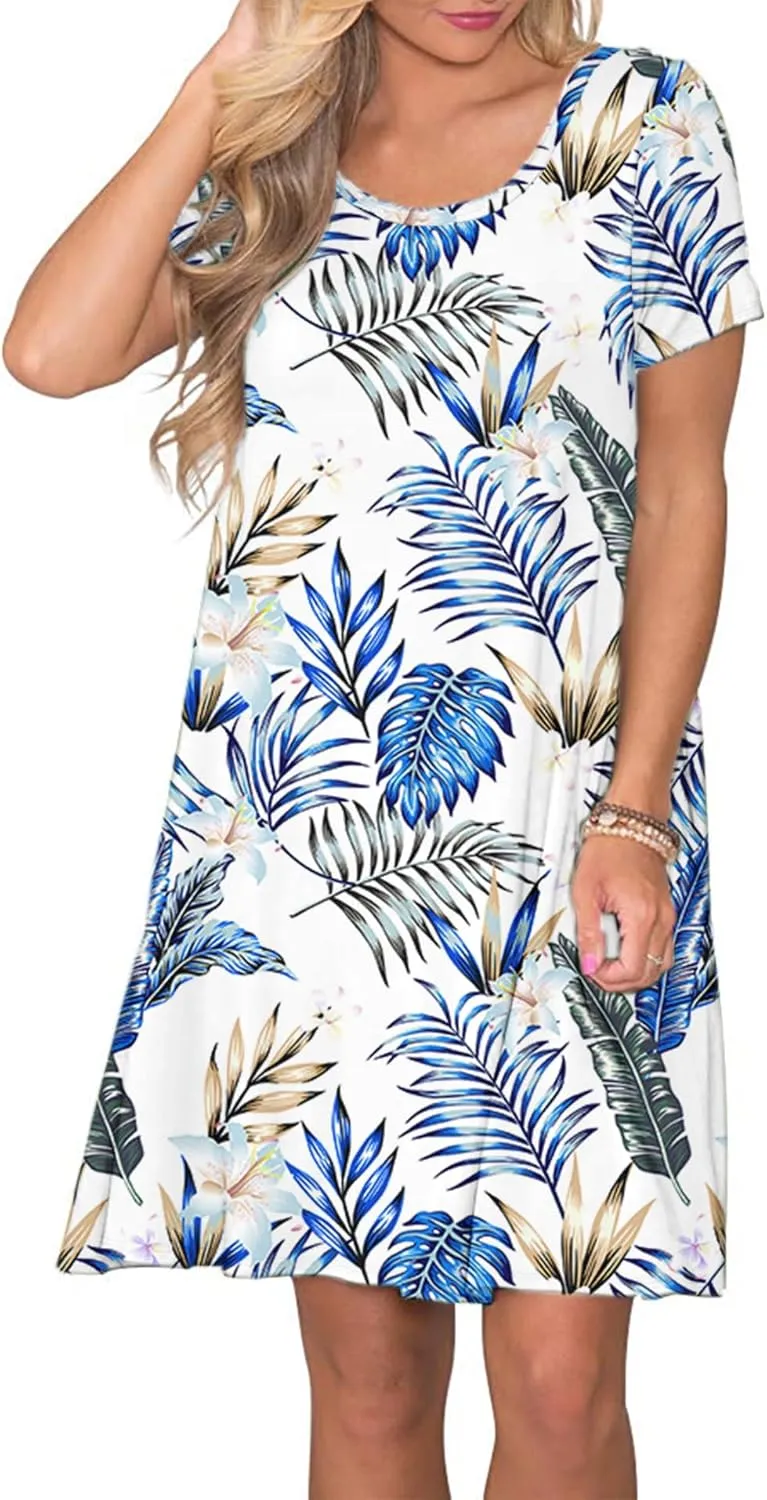 WNEEDU Women's Summer Casual T Shirt Dresses Short Sleeve Swing Dress with Pockets