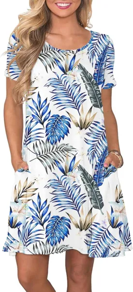 WNEEDU Women's Summer Casual T Shirt Dresses Short Sleeve Swing Dress with Pockets