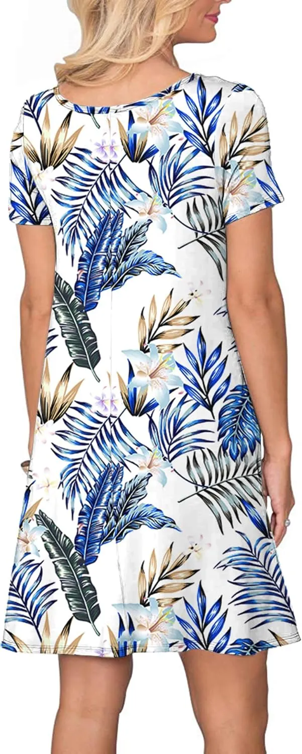 WNEEDU Women's Summer Casual T Shirt Dresses Short Sleeve Swing Dress with Pockets