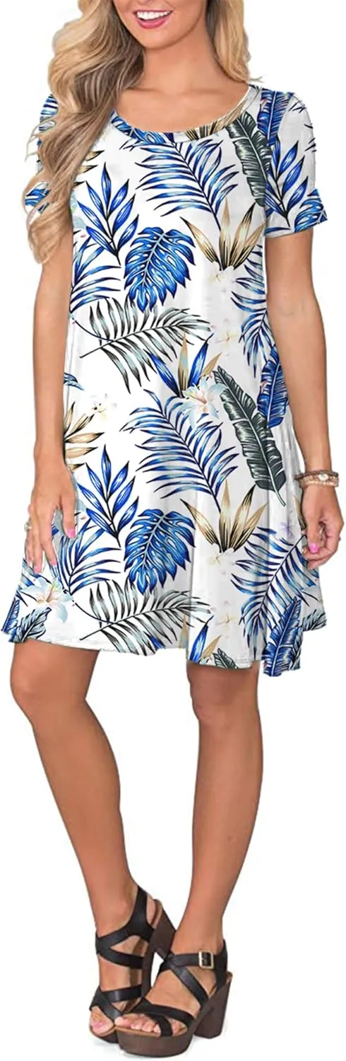 WNEEDU Women's Summer Casual T Shirt Dresses Short Sleeve Swing Dress with Pockets