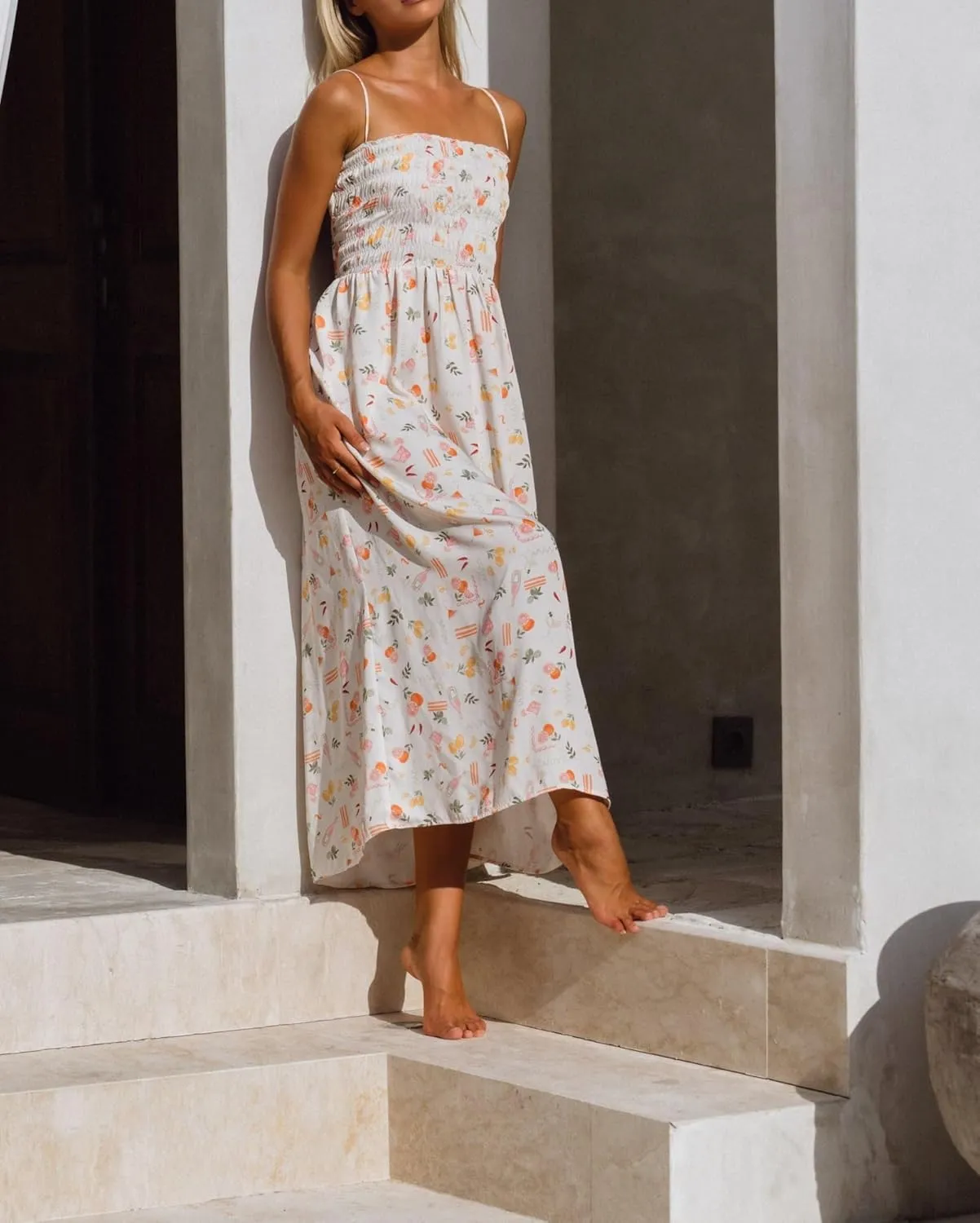 Women Boho Floral Long Dress Graffiti Backless Cami Dress Flowy Sleeveless Maxi Sundress Summer Holiday Beachwear