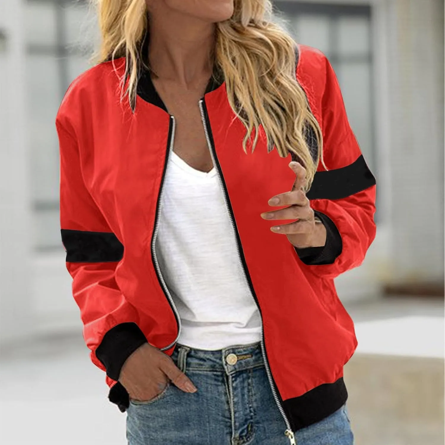 Women's Bomber Jacket Fall Lightweight Coat Color Block Zip Up Outerwear Casual Windbreaker with Pockets