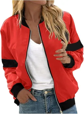 Women's Bomber Jacket Fall Lightweight Coat Color Block Zip Up Outerwear Casual Windbreaker with Pockets