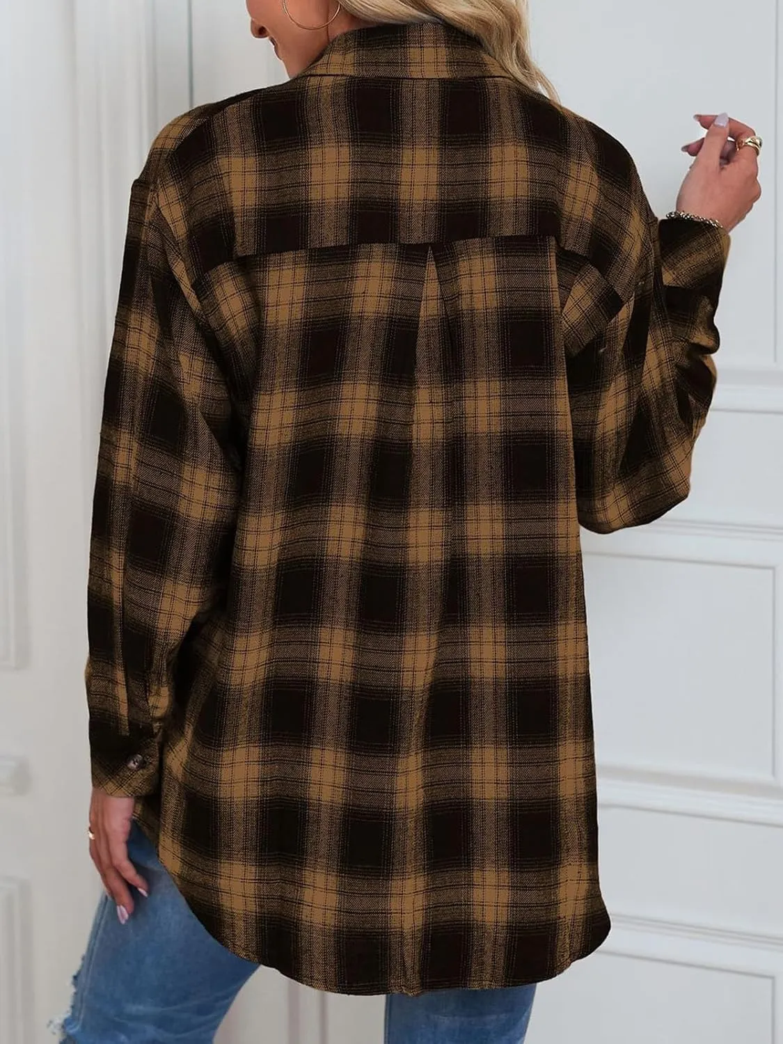 Womens Button Down Flannel Shirts Long Sleeve Plaid Shackets Business Casual Blouse Top