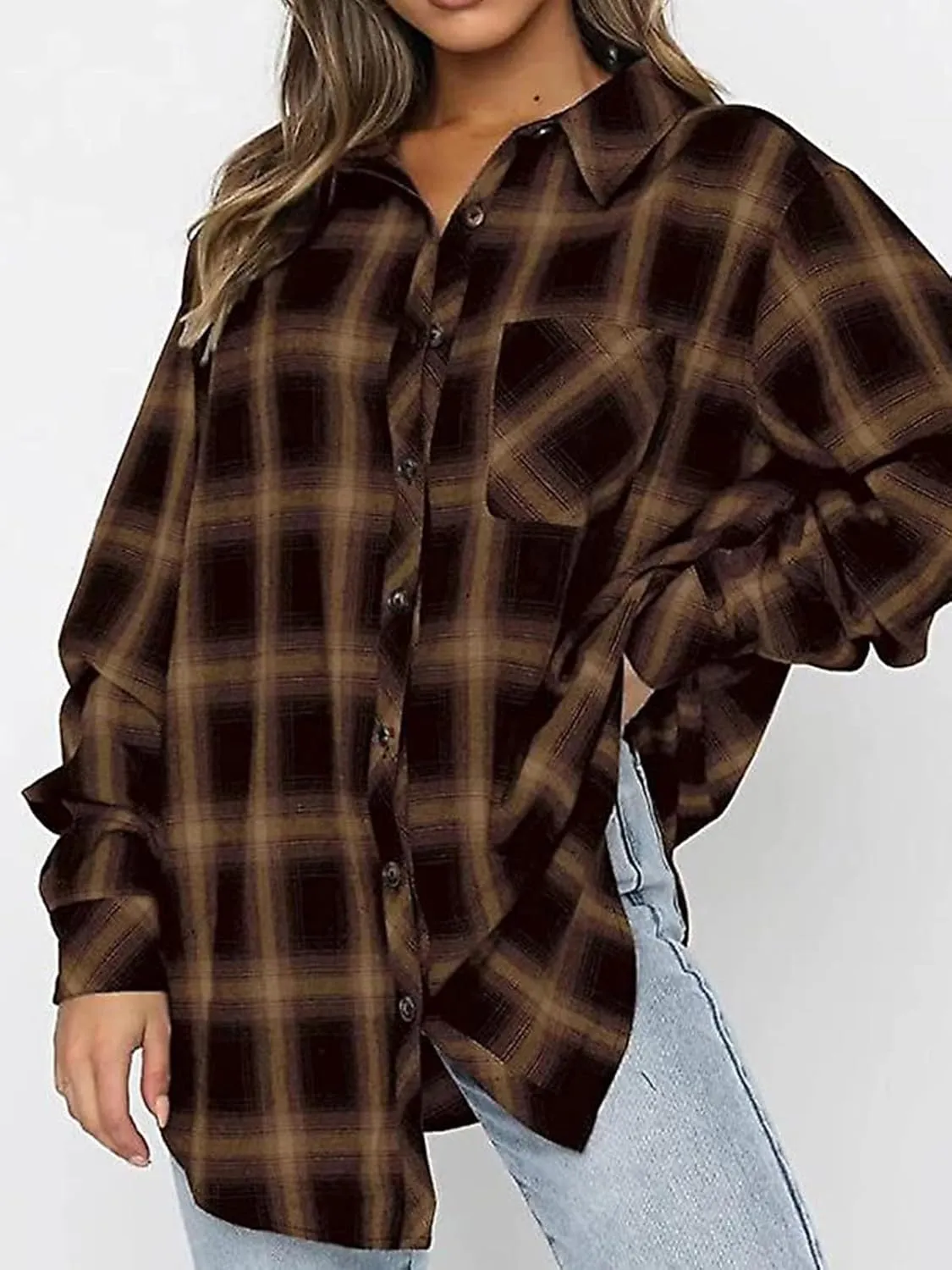 Womens Button Down Flannel Shirts Long Sleeve Plaid Shackets Business Casual Blouse Top
