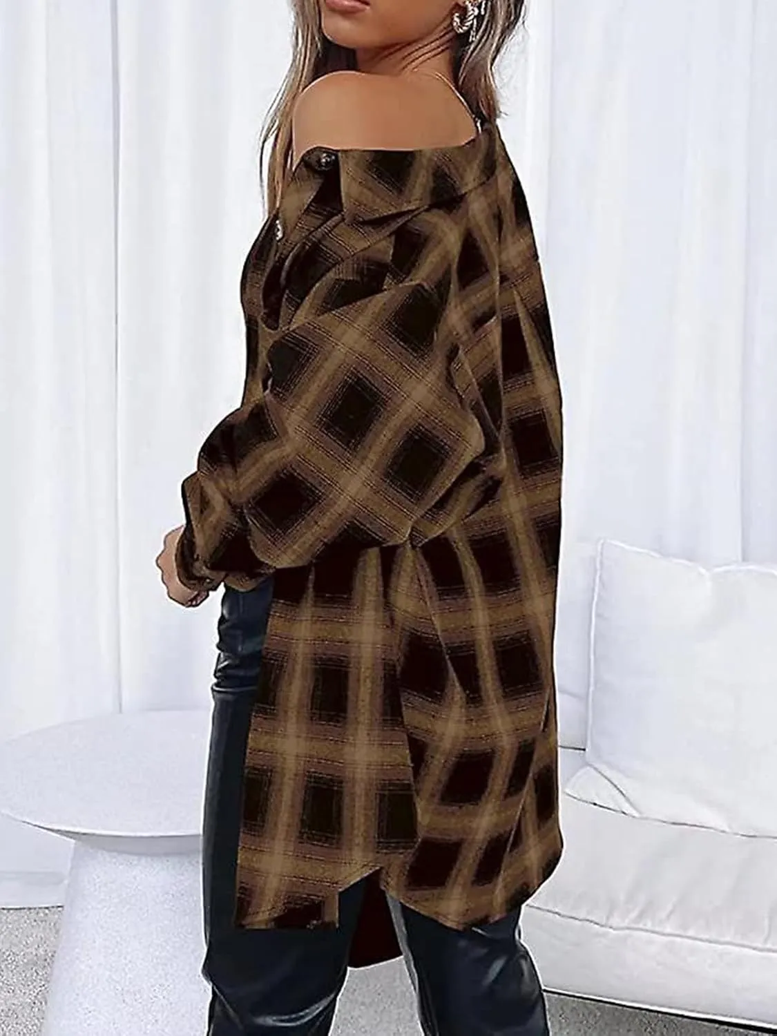 Womens Button Down Flannel Shirts Long Sleeve Plaid Shackets Business Casual Blouse Top